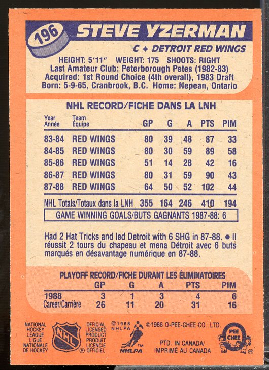Steve Yzerman Card 1988-89 O-Pee-Chee #196  Image 2