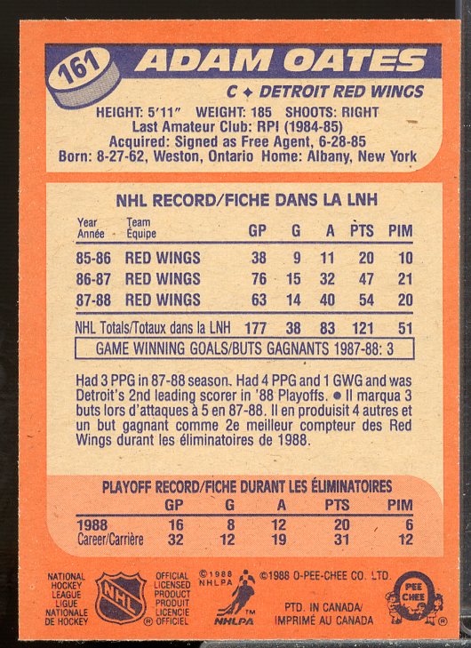 Adam Oates Card 1988-89 O-Pee-Chee #161  Image 2