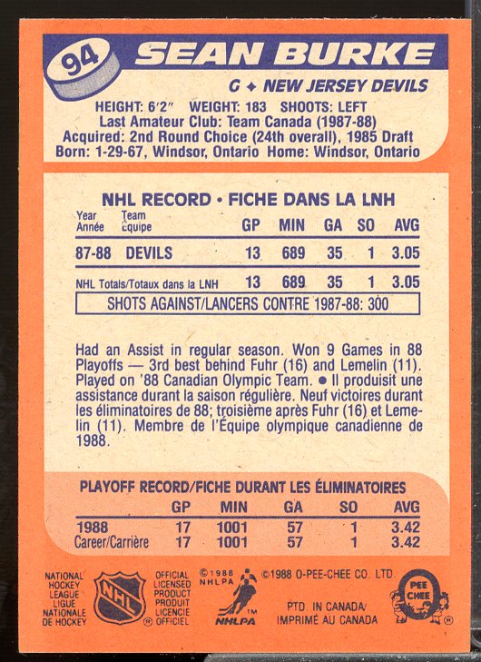 Sean Burke Rookie Card 1988-89 O-Pee-Chee #94  Image 2