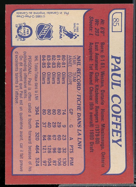 Paul Coffey Card 1985-86 O-Pee-Chee #85  Image 2