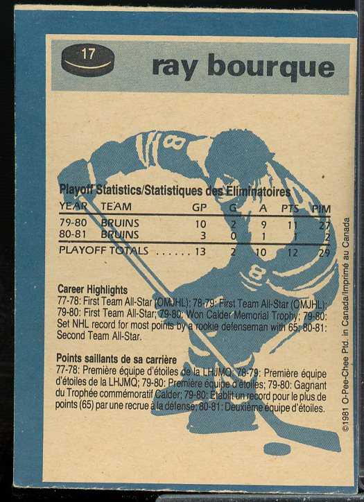 Ray Bourque SA Card 1981-82 O-Pee-Chee #17  Image 2