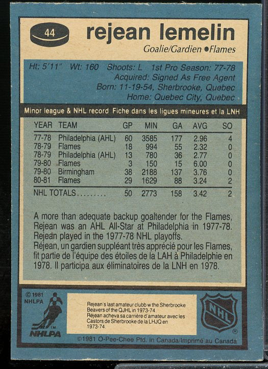 Rejean Lemelin Rookie Card 1981-82 O-Pee-Chee #44  Image 2