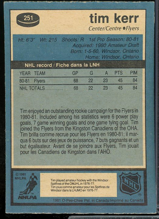 Tim Kerr Rookie Card 1981-82 O-Pee-Chee #251  Image 2