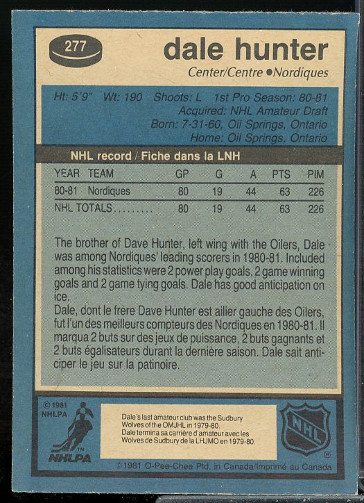 Dale Hunter Rookie Card 1981-82 O-Pee-Chee #277  Image 2