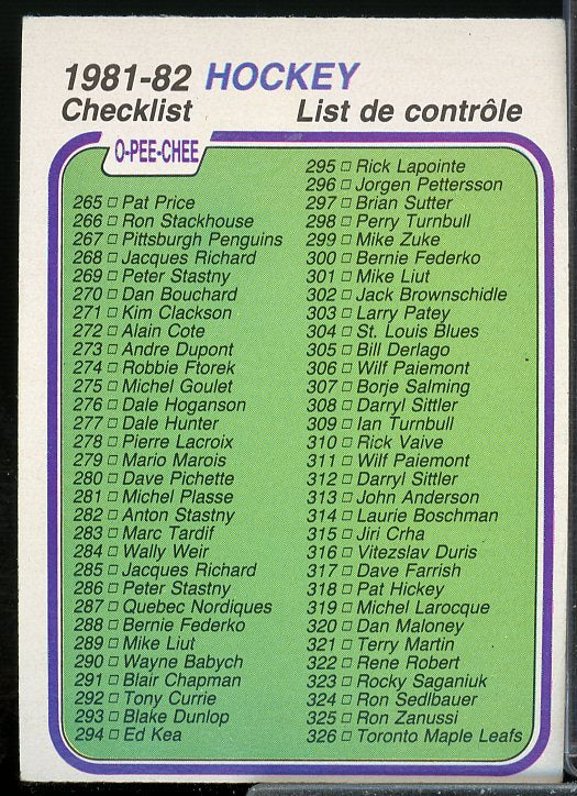 Checklist 265-396 Card 1981-82 O-Pee-Chee #381  Image 1