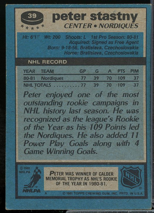 Peter Stastny Rookie Card 1981-82 Topps #39  Image 2