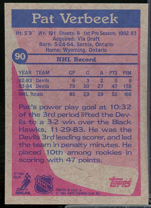 Pat Verbeek Rookie Card 1984-85 Topps #90  Image 2