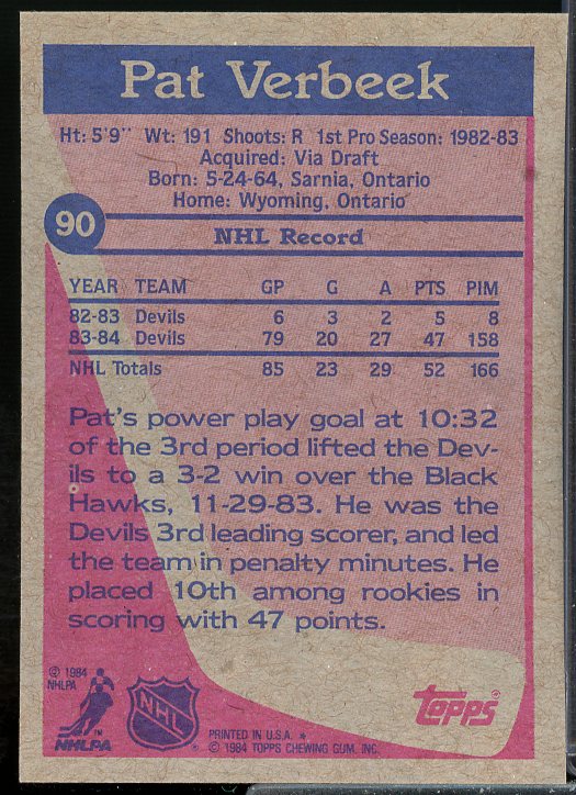 Pat Verbeek Rookie Card 1984-85 Topps #90  Image 2