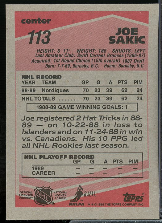 Joe Sakic Rookie Card 1989-90 Topps #113  Image 2
