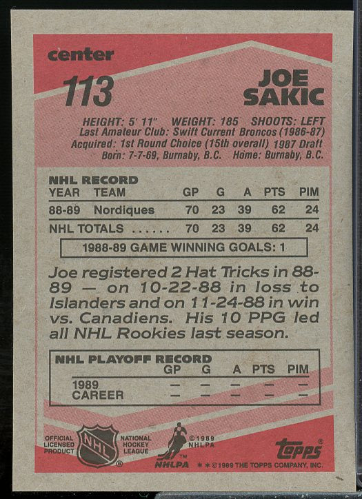 Joe Sakic Rookie Card 1989-90 Topps #113  Image 2
