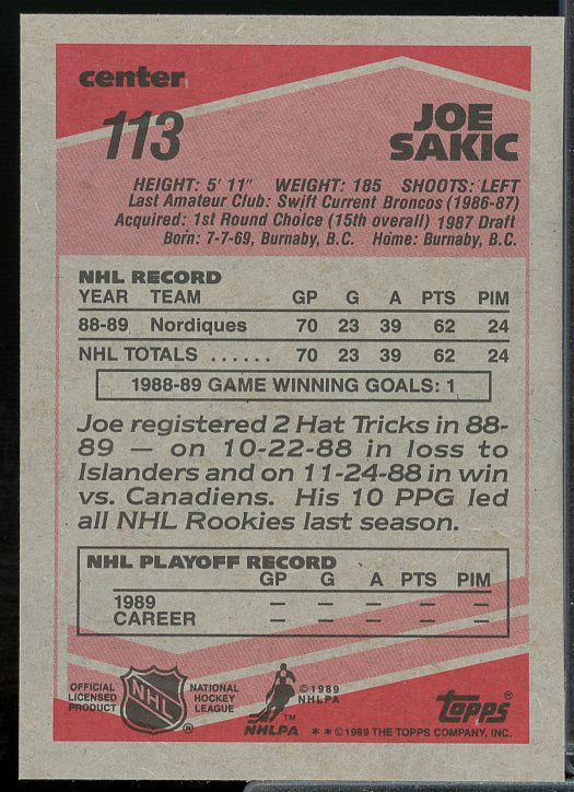 Joe Sakic Rookie Card 1989-90 Topps #113  Image 2
