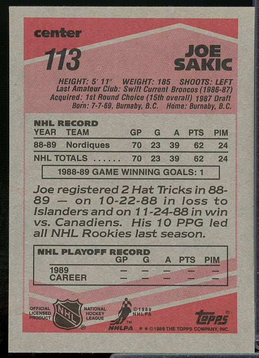 Joe Sakic Rookie Card 1989-90 Topps #113  Image 2