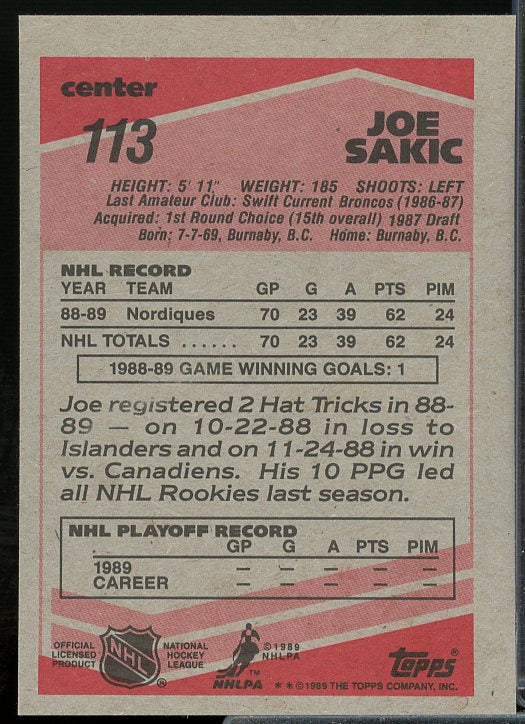 Joe Sakic Rookie Card 1989-90 Topps #113  Image 2