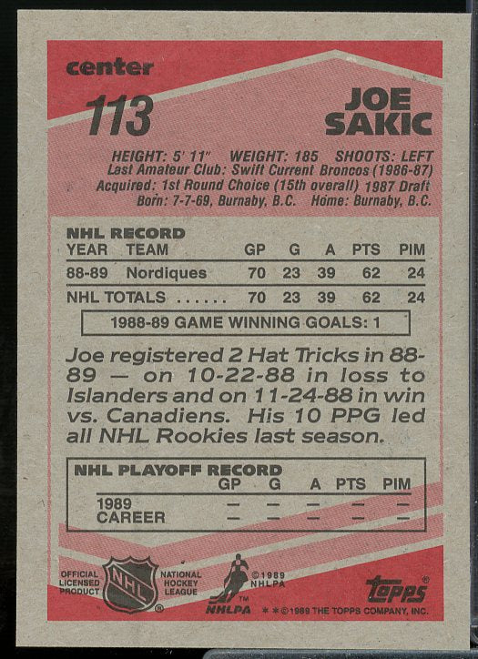 Joe Sakic Rookie Card 1989-90 Topps #113  Image 2