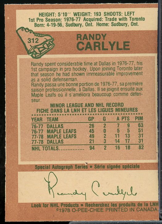 Randy Carlyle Rookie Card 1978-79 O-Pee-Chee #312  Image 2