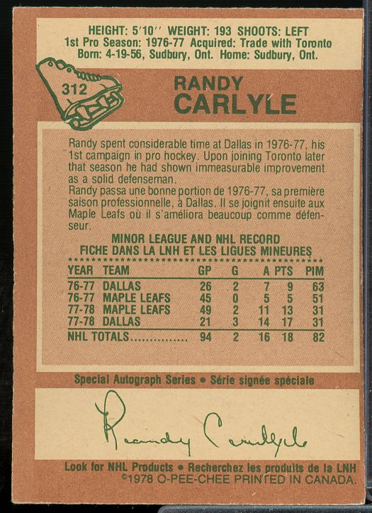 Randy Carlyle Rookie Card 1978-79 O-Pee-Chee #312  Image 2