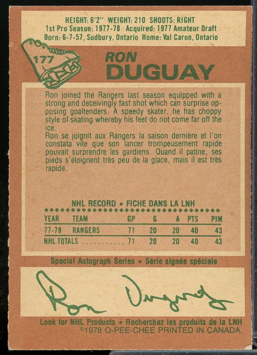 Ron Duguay Rookie Card 1978-79 O-Pee-Chee #177  Image 2