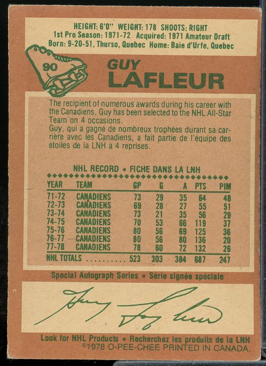 Guy Lafleur Card 1978-79 O-Pee-Chee #90  Image 2