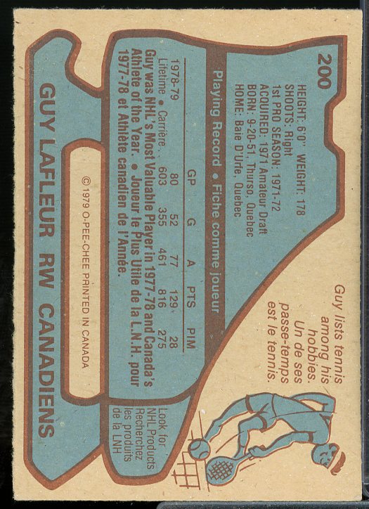 Guy Lafleur AS1 Card 1979-80 O-Pee-Chee #200  Image 2