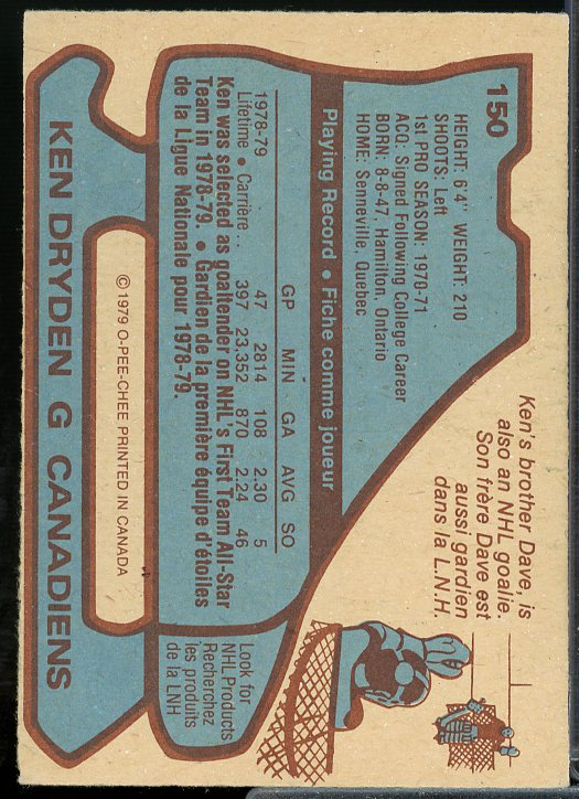 Ken Dryden AS1 Card 1979-80 O-Pee-Chee #150  Image 2