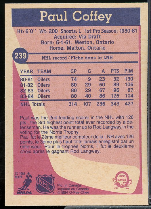 Paul Coffey Card 1984-85 O-Pee-Chee #239  Image 2