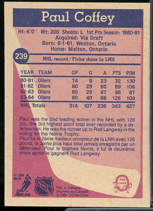 Paul Coffey Card 1984-85 O-Pee-Chee #239  Image 2