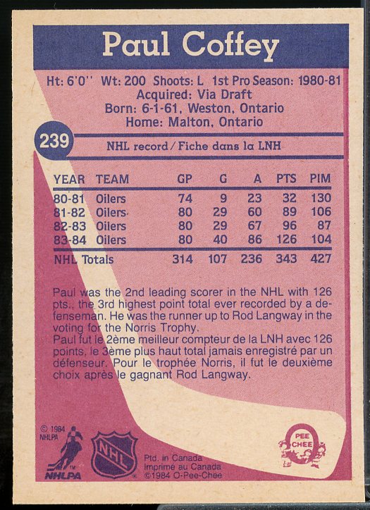 Paul Coffey Card 1984-85 O-Pee-Chee #239  Image 2