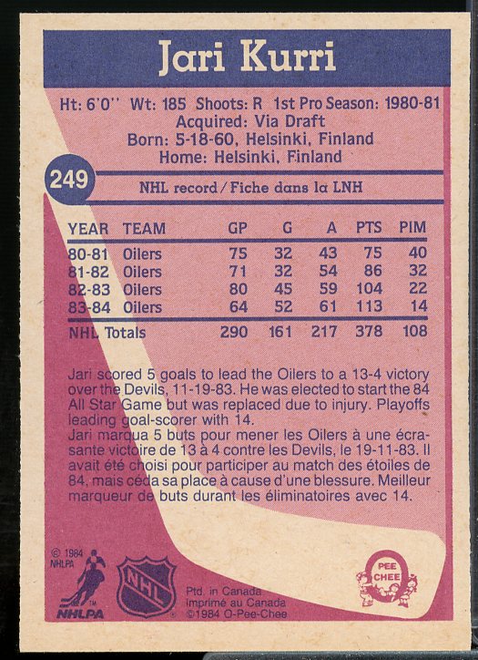 Jari Kurri Card 1984-85 O-Pee-Chee #249  Image 2