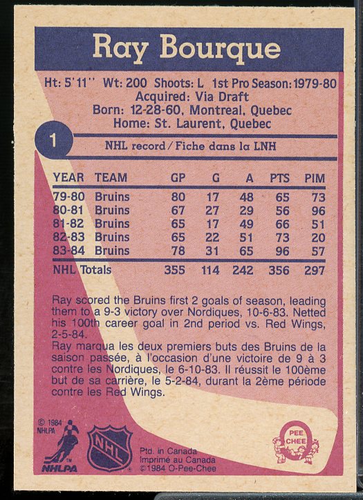 Ray Bourque Card 1984-85 O-Pee-Chee #1  Image 2