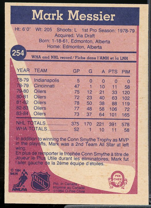 Mark Messier Card 1984-85 O-Pee-Chee #254  Image 2