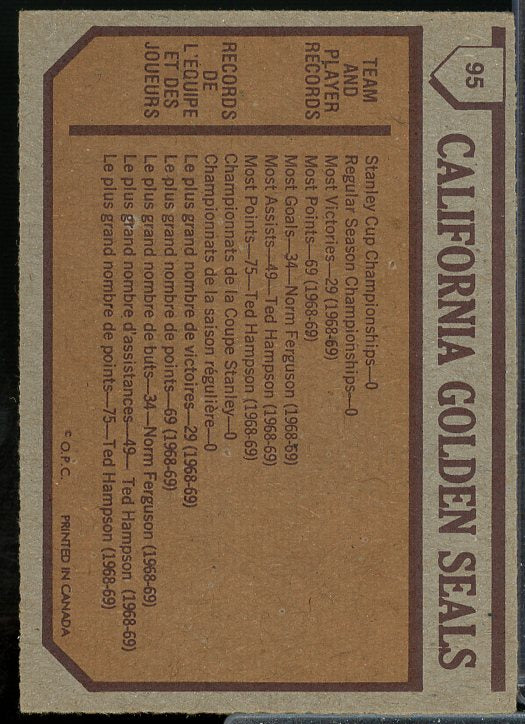Golden Seals Team Card 1973-74 O-Pee-Chee #95  Image 2