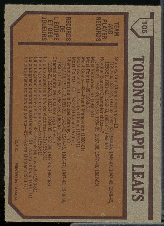 Maple Leafs Team Card 1973-74 O-Pee-Chee #106  Image 2
