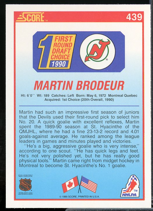 Martin Brodeur Rookie Card 1990-91 Score #439  Image 2