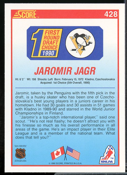 Jaromir Jagr Rookie Card 1990-91 Score #428  Image 2