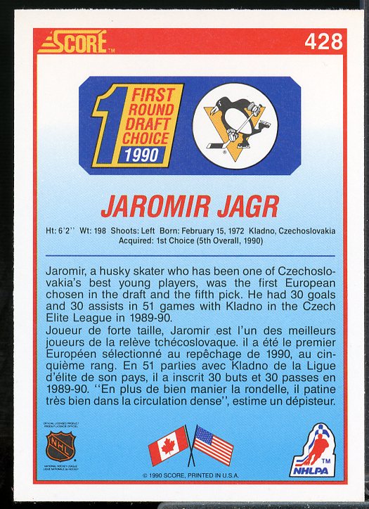 Jaromir Jagr Rookie Card 1990-91 Score Canadian #428  Image 2