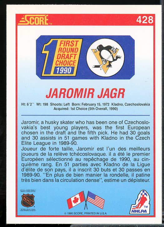 Jaromir Jagr Rookie Card 1990-91 Score Canadian #428  Image 2