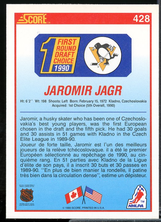 Jaromir Jagr Rookie Card 1990-91 Score Canadian #428  Image 2