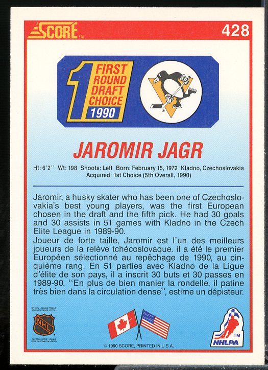 Jaromir Jagr Rookie Card 1990-91 Score Canadian #428  Image 2