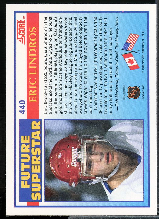 Eric Lindros Rookie Card 1990-91 Score #440  Image 2