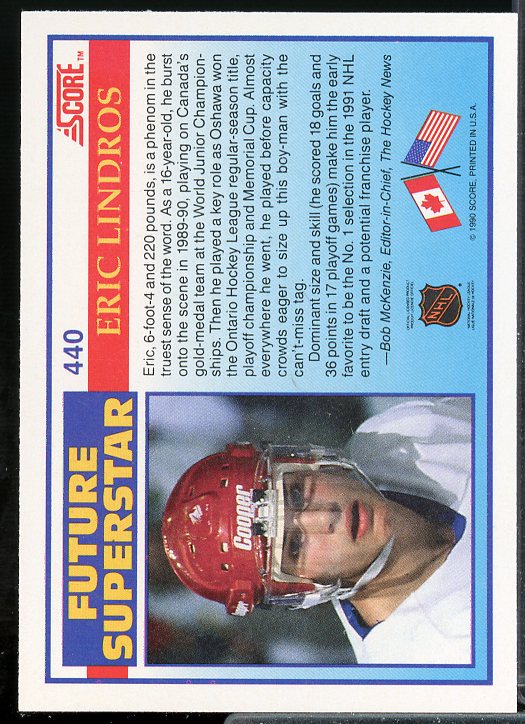 Eric Lindros Rookie Card 1990-91 Score #440  Image 2