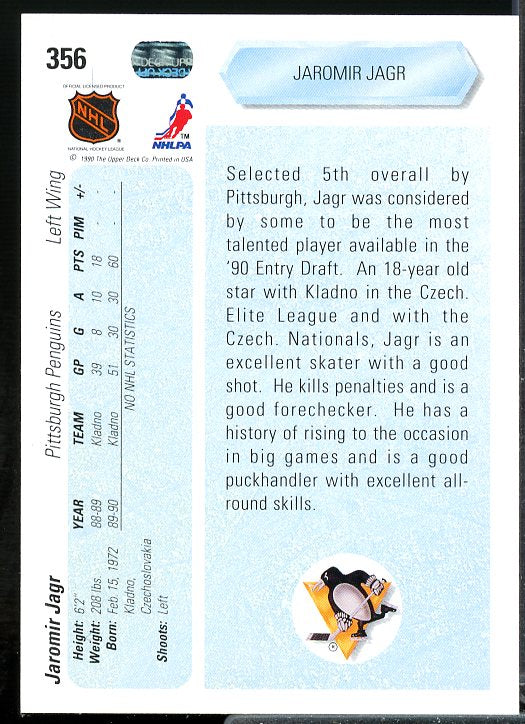 Jaromir Jagr Rookie Card 1990-91 Upper Deck #356  Image 2
