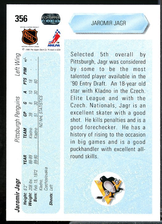 Jaromir Jagr Rookie Card 1990-91 Upper Deck #356  Image 2