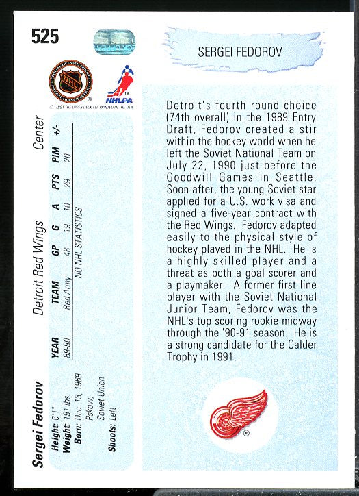 Sergei Fedorov YG Rookie Card 1990-91 Upper Deck #525  Image 2