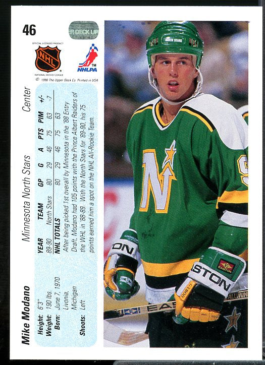 Mike Modano Rookie Card 1990-91 Upper Deck #46  Image 2
