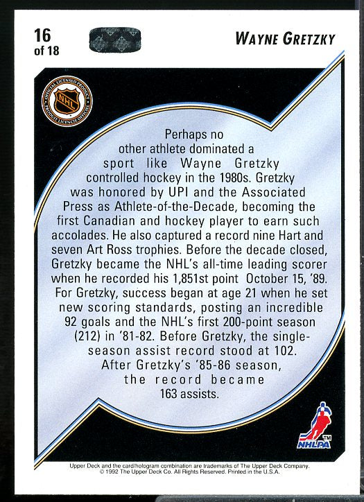 Athlete-Of-The-Decade Card 1992-93 Upper Deck Wayne Gretzky Heroes #16  Image 2