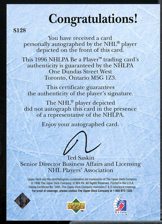 Craig Ludwig Card 1995-96 Be A Player Autographs #S128  Image 2