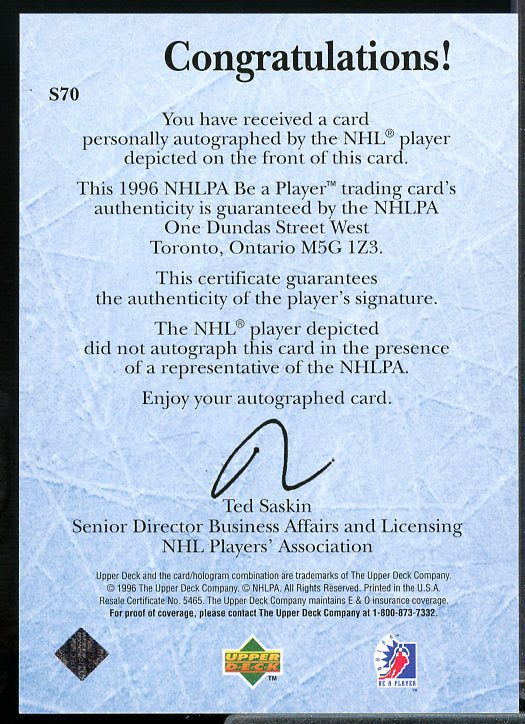 Luke Richardson Card 1995-96 Be A Player Autographs #S70  Image 2