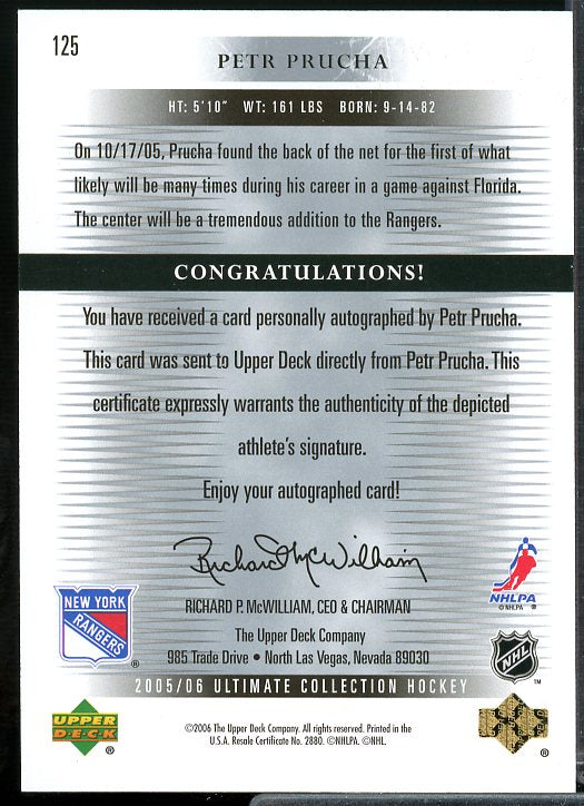 Petr Prucha AU Rookie Card 2005-06 Ultimate Collection #125  Image 2