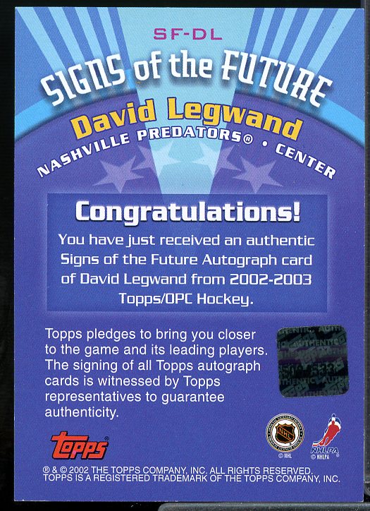 David Legwand Rookie Card 2002-03 Topps Signs of the Future #DL  Image 2