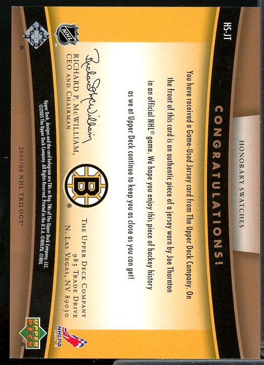 Joe Thornton Card 2005-06 Upper Deck Trilogy Honorary Swatches #HSJT  Image 2